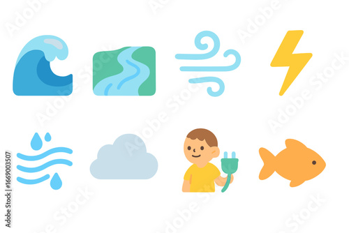 Nature and Electricity Icons. Flat vector mini-illustrations currents in nature in colors children's illustrations: ocean wave,