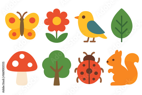 Nature Discovery Icons. Flat vector mini-illustrations nature discovery in colors children's illustrations: butterfly, flower,