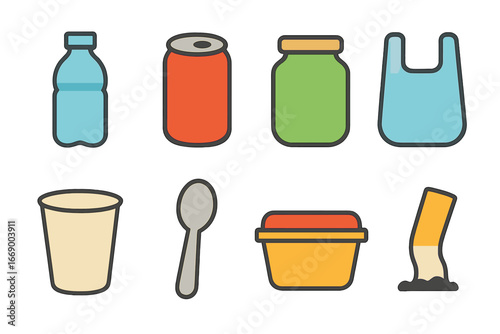 Non-Biodegradable Icons. Flat vector mini-illustrations non-biodegradable items in colors children's illustrations: plastic bottle