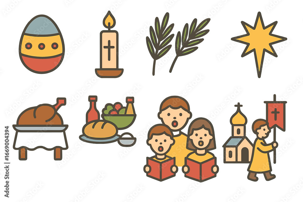 Fototapeta premium Orthodox Holiday Icons. Flat vector mini-illustrations orthodox holidays in colors children's illustrations: Easter egg, Paschal