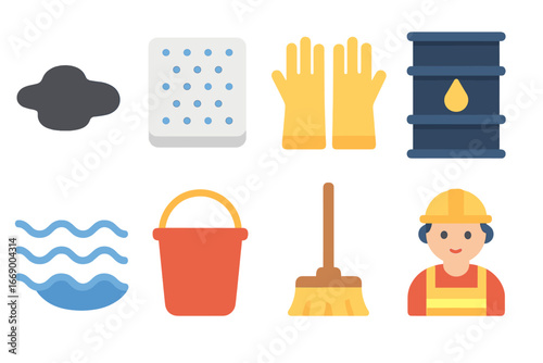 Oil Cleanup Icons. Flat vector mini-illustrations oil absorption in colors children's illustrations: oil spill, absorbent pad,
