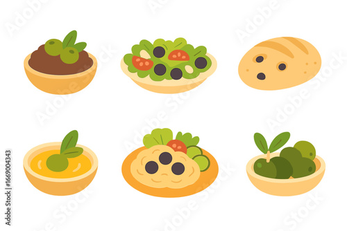 Olive Cuisine Icons. Flat vector mini-illustrations olive cuisine in colors children's illustrations: olive tapenade, salad with