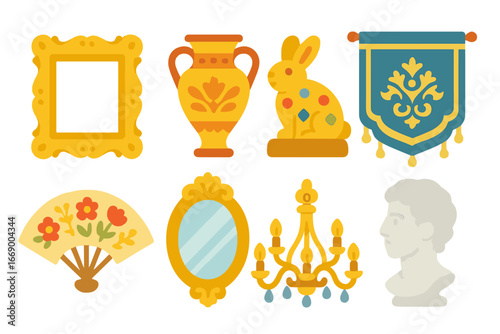 Opulent Art Icons. Flat vector mini-illustrations opulence in art in colors children's illustrations: golden frame, ornate vase,