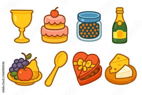 Opulent Children's Feast Icons. Flat vector mini-illustrations opulent food in colors children's illustrations: golden goblet,