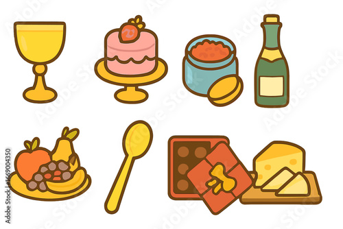 Opulent Children's Feast Icons. Flat vector mini-illustrations opulent food in colors children's illustrations: golden goblet,