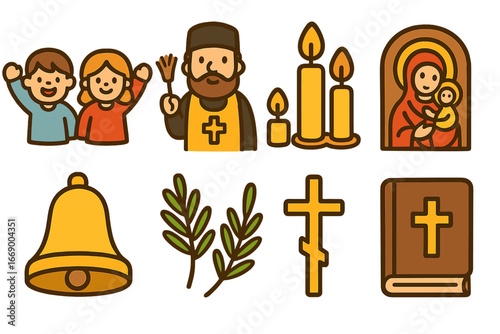 Orthodox Celebration Icons. Flat vector mini-illustrations orthodox calendar events in colors children's illustrations: feast