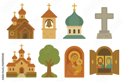 Orthodox Church Icons. Flat vector mini-illustrations orthodox architecture in colors children's illustrations: wooden church,