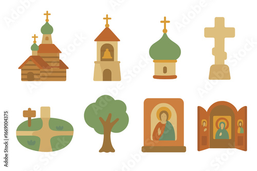 Orthodox Church Icons. Flat vector mini-illustrations orthodox architecture in colors children's illustrations: wooden church,