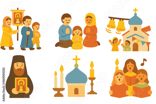 Orthodox Icons for Kids. Flat vector mini-illustrations panagia in Orthodox culture in colors children's illustrations: procession