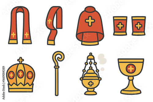 Orthodox Liturgical Icons. Flat vector mini-illustrations Orthodox liturgical items in colors children's illustrations: