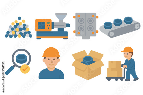 Plastic Cap Production. Flat vector mini-illustrations plastic bottle cap manufacturing in colors children's illustrations: