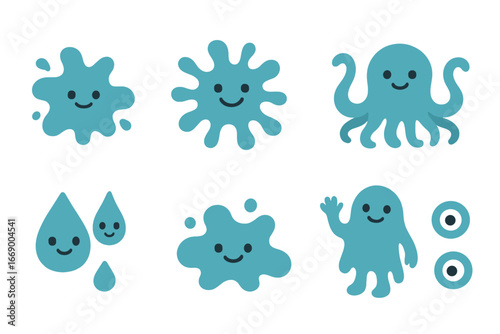 Playful Ink Monsters. Flat vector mini-illustrations ink monsters in colors children's illustrations: playful ink blob, smiling