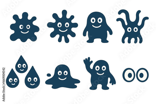 Playful Ink Monsters. Flat vector mini-illustrations ink monsters in colors children's illustrations: playful ink blob, smiling