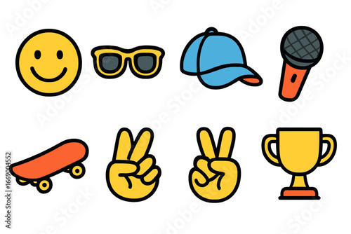 Playful Icons Grid. Flat vector mini-illustrations brand personality in colors children's illustrations: smiley face, sunglasses,