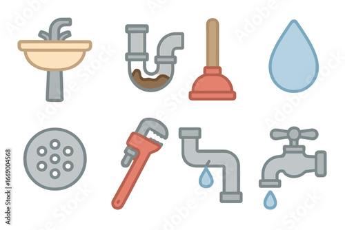 Plumbing Icons for Kids. Flat vector mini-illustrations plumbing drain in colors children's illustrations: sink, clogged pipe,