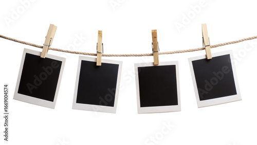 Four Blank Instant Photo Frames Hanging on Rope – Empty Gallery Picture Mockup PNG