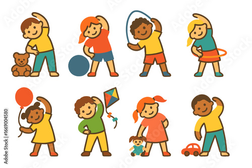 Playful Stretching Icons. Flat vector mini-illustrations stretching with toys in colors children's illustrations: child stretching