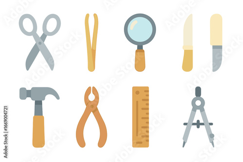 Refined Tool Icons. Flat vector mini-illustrations refined tools in colors children's illustrations: silver scissors, gold