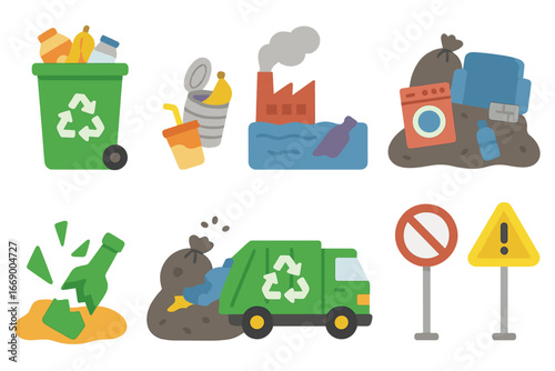 Recycling Challenges Icons. Flat vector mini-illustrations recycling challenges in colors children's illustrations: overflowing