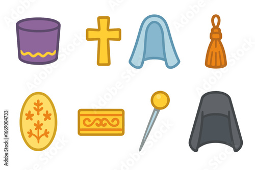 Religious Headwear Icons. Flat vector mini-illustrations religious headwear symbols in colors children's illustrations: kamilavka,