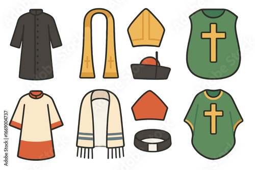 Religious Attire Icons. Flat vector mini-illustrations religious attire in colors children's illustrations: cassock, stole, mitre,