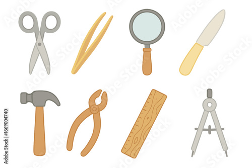 Refined Tool Icons. Flat vector mini-illustrations refined tools in colors children's illustrations: silver scissors, gold