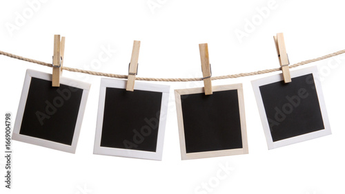 Four Blank Instant Photo Frames Hanging on Rope – Empty Gallery Picture Mockup PNG