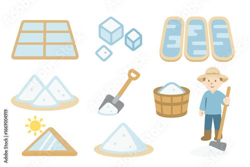 Salt Production Icons. Flat vector mini-illustrations briny salt production in colors children's illustrations: salt pans, salt