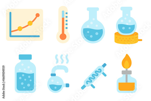 Science Boiling Icons. Flat vector mini-illustrations boiling in science in colors children's illustrations: boiling point chart,