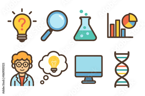 Scientific Icons for Kids. Flat vector mini-illustrations research concepts in colors children's illustrations: hypothesis bulb,