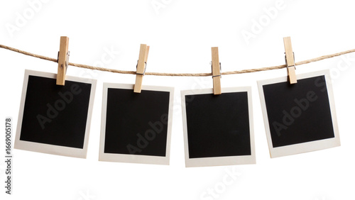 Four Blank Instant Photo Frames Hanging on Rope – Empty Gallery Picture Mockup PNG