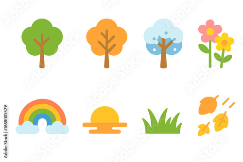 Seasonal Tree Transformations. Flat vector mini-illustrations seasonal color change in colors children's illustrations: tree with
