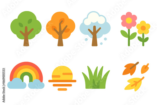 Seasonal Tree Transformations. Flat vector mini-illustrations seasonal color change in colors children's illustrations: tree with
