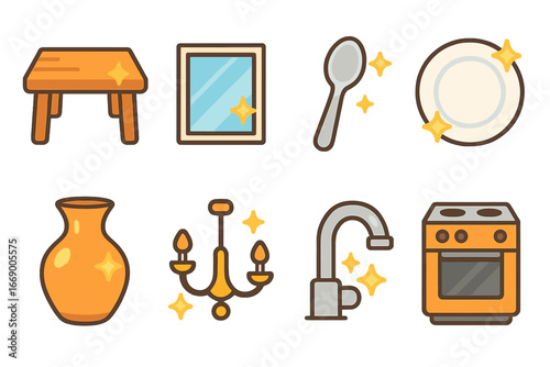 Shiny Household Icons. Flat vector mini-illustrations shiny household items in colors children's illustrations: polished table,