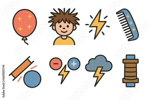 Static Electricity Icons. Flat vector mini-illustrations static electricity in colors children's illustrations: rubbed balloon,