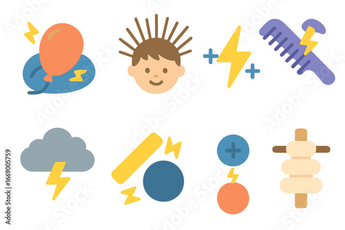 Static Electricity Icons. Flat vector mini-illustrations static electricity in colors children's illustrations: rubbed balloon,
