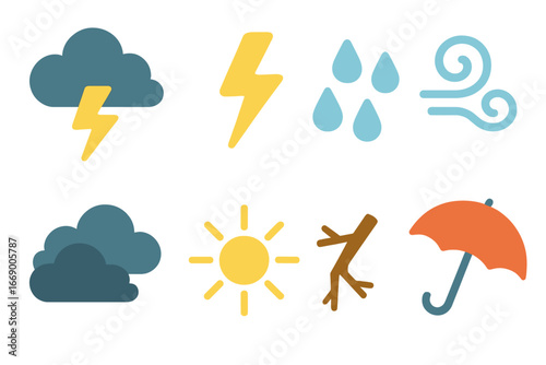 Stormy Weather Icons. Flat vector mini-illustrations storm clash in colors children's illustrations: thundercloud, lightning bolt,