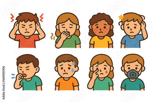 Toxicity Symptoms Icons. Flat vector mini-illustrations toxicity symptoms in colors children's illustrations: headache, nausea,