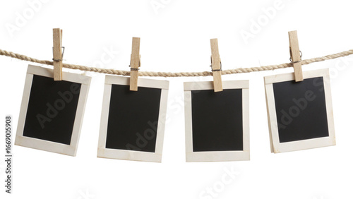 Four Blank Instant Photo Frames Hanging on Rope – Empty Gallery Picture Mockup PNG