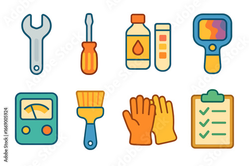 Transformer Toolkit Illustrations. Flat vector mini-illustrations transformer maintenance in colors children's illustrations: