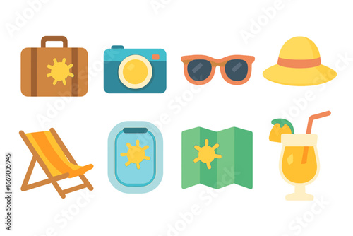 Travel Essentials Icons. Flat vector mini-illustrations sunlight and travel in colors children's illustrations: suitcase with sun