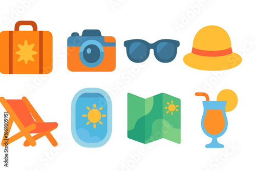 Travel Essentials Icons. Flat vector mini-illustrations sunlight and travel in colors children's illustrations: suitcase with sun