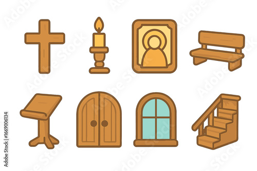 Wooden Church Accessories. Flat vector mini-illustrations Wooden church accessories in colors children's illustrations: wooden