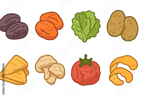 Wrinkled Food Icons. Flat vector mini-illustrations wrinkled food in colors children's illustrations: wrinkled prunes, dried