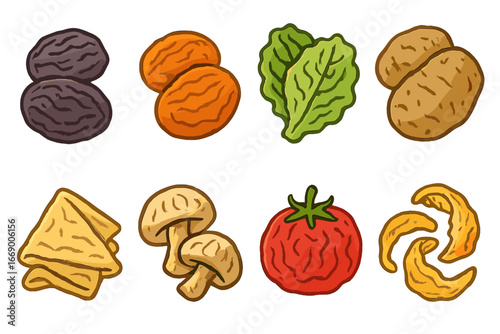 Wrinkled Food Icons. Flat vector mini-illustrations wrinkled food in colors children's illustrations: wrinkled prunes, dried