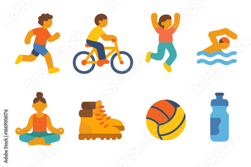 Active Kids Icons. Flat vector mini-illustrations human energy activities in colors children's illustrations: running person,
