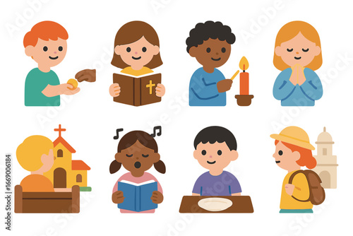Acts of Faith Icons. Flat vector mini-illustrations Acts of faith in colors children's illustrations: charity giving, bible
