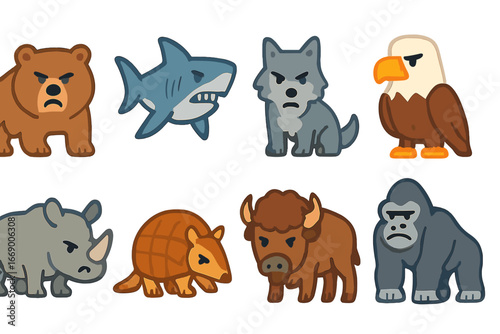 Animal Toughness Icons. Flat vector mini-illustrations toughness in animals in colors children's illustrations: grizzly bear,