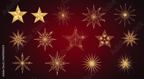 Collection of golden star shapes and starburst designs arranged on a dark red gradient background, creating a festive or decorative pattern.