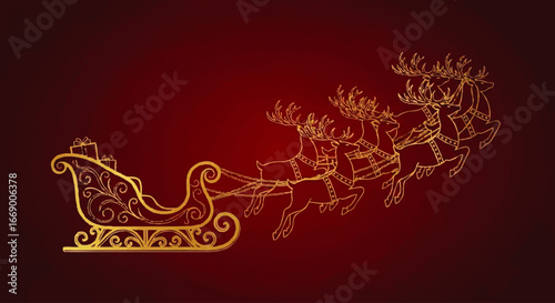 Ornate golden illustration of Santa's sleigh being pulled by reindeer against a deep red background.